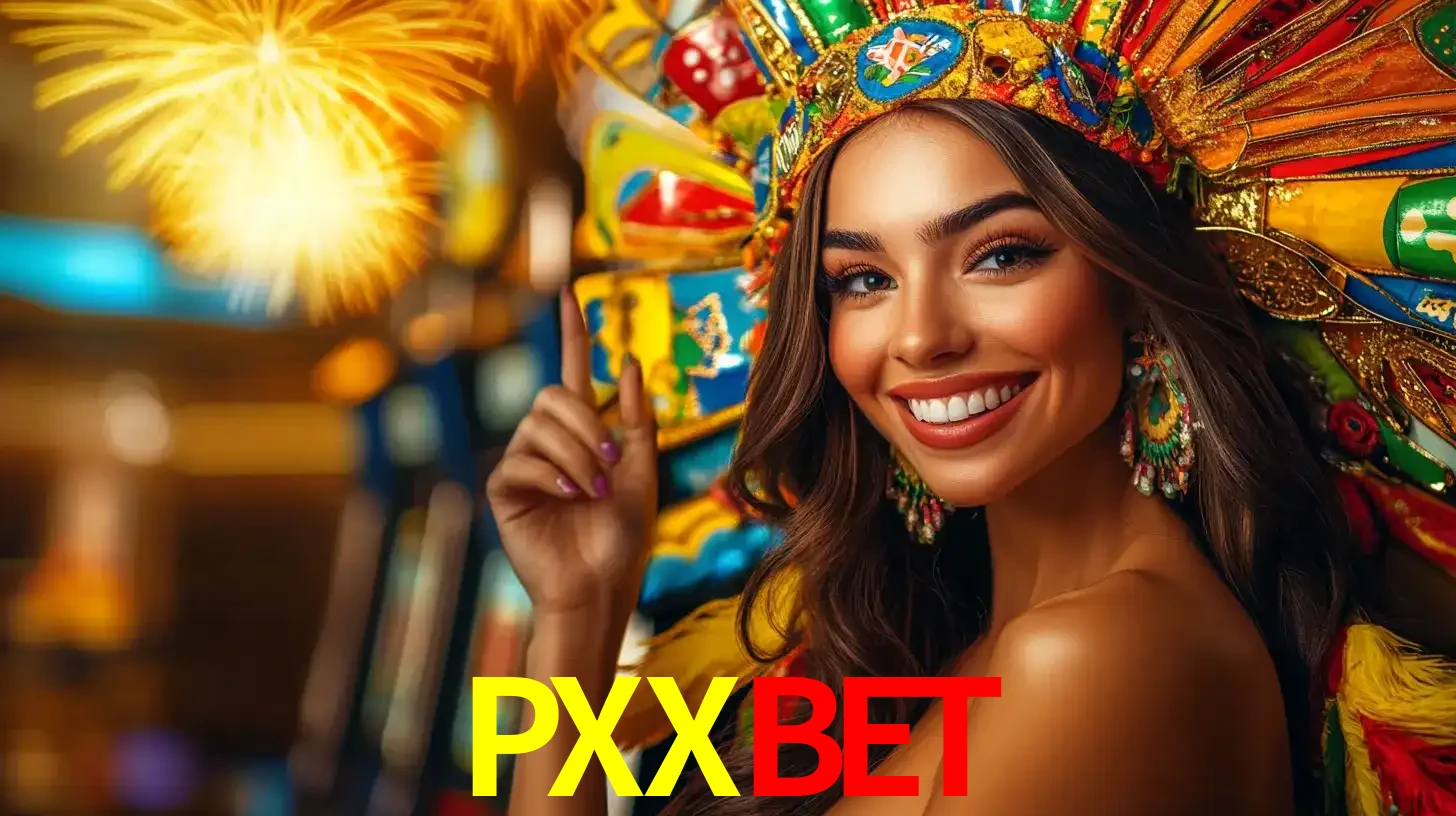 Mulher sorridente com um cocar de carnaval vibrante e colorido, celebrando uma grande vitória nos jogos do cassino PXXBET com fogos de artifício ao fundo.