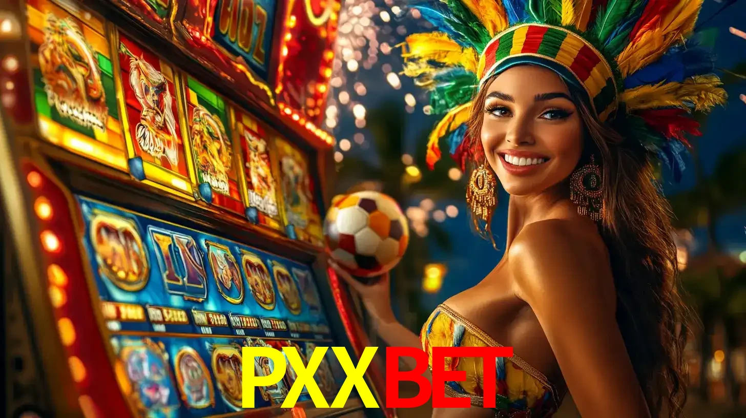 Mulher com um cocar de carnaval ao lado de uma máquina de caça-níqueis enquanto segura uma bola de futebol, mostrando a união da diversão de cassino e esportes no PXXBET.
