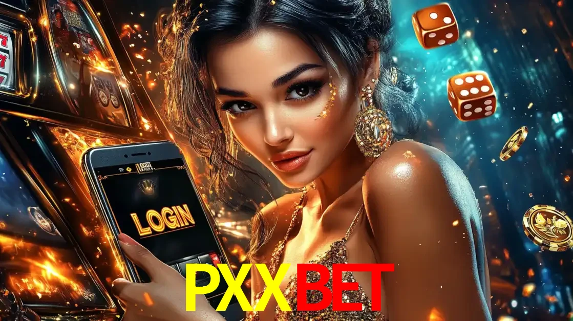 Mulher glamourosa segurando um celular com a tela de login do cassino PXXBET, rodeada por dados e moedas douradas, pronta para começar a diversão.