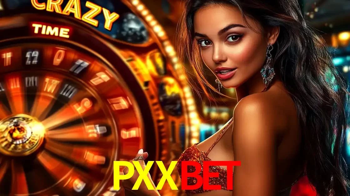 Mulher ao lado da roda de prêmios do jogo de cassino ao vivo Crazy Time, um dos shows de jogos mais emocionantes oferecidos pela plataforma de apostas PXXBET.