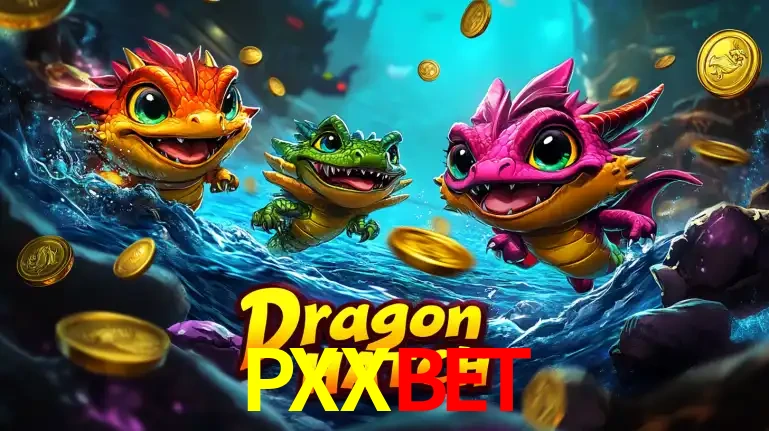 Arte promocional do jogo Dragon Hatch com três adoráveis dragões bebês nadando entre moedas de ouro, um dos slots mais divertidos para jogar no cassino PXXBET.