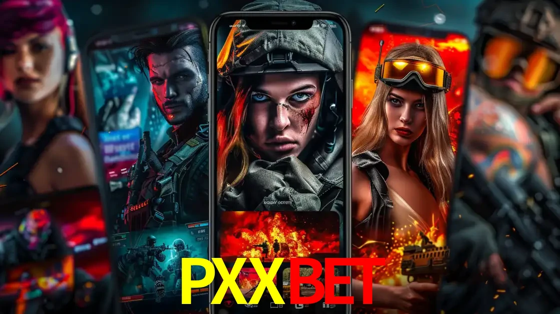 Montagem de telas de celular mostrando diversos personagens, masculinos e femininos, de um jogo de tiro, ilustrando a diversidade de equipes de e-sports para apostar no PXXBET.