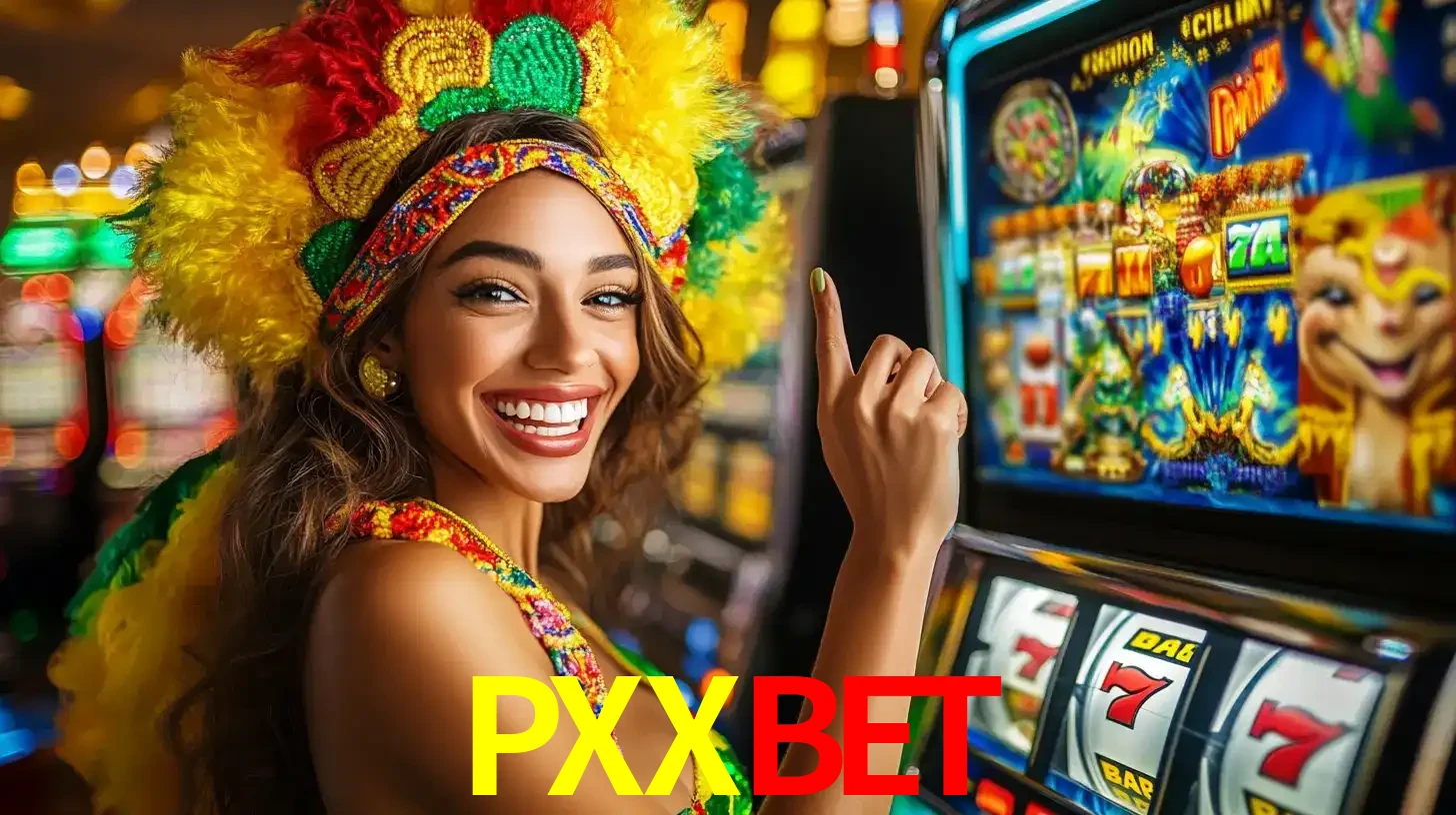 Mulher animada com um cocar de carnaval apontando para uma máquina de caça-níqueis, mostrando a emoção de ganhar um grande prêmio nos jogos do PXXBET.