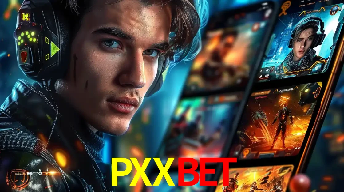 Jovem jogador com fones de ouvido olhando para a câmera, com um aplicativo de jogos e e-sports para celular ao fundo, pronto para a competição e apostas no PXXBET.
