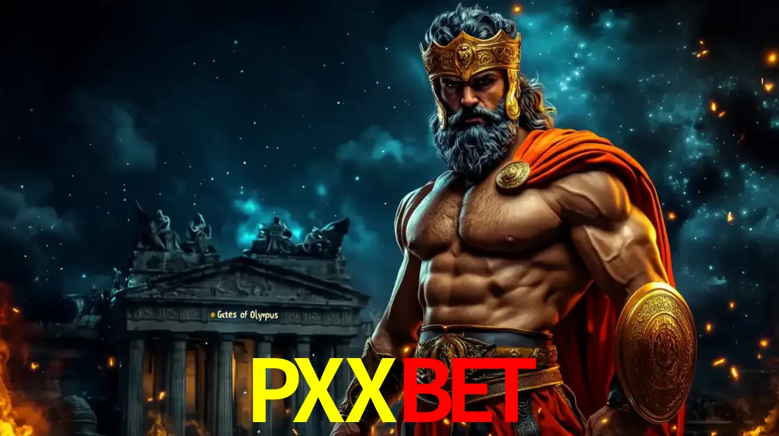 O poderoso Zeus do jogo de slot Gates of Olympus em frente ao seu templo, pronto para lançar multiplicadores divinos e prêmios épicos no cassino online PXXBET.