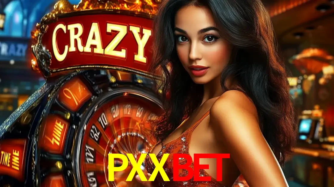 Mulher glamourosa olhando para a câmera com a roda vermelha do Crazy Time ao fundo em um ambiente de cassino, destacando a emoção dos jogos ao vivo no PXXBET.