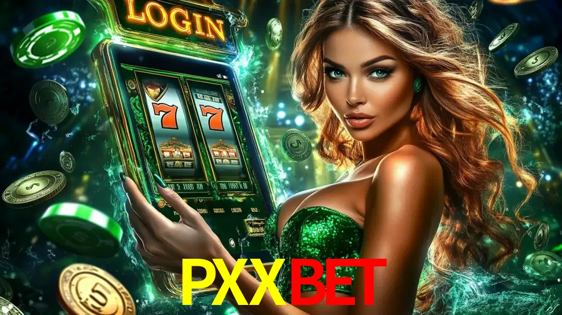 Mulher com tema verde apresentando o aplicativo do cassino PXXBET com um jogo de slot de 777, cercada por fichas de cassino e uma aura de sorte.
