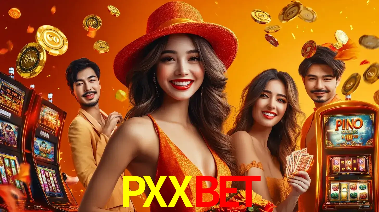 Grupo de amigos asiáticos sorrindo e se divertindo com máquinas de caça-níqueis em um ambiente festivo, celebrando suas vitórias nos jogos de cassino do PXXBET.