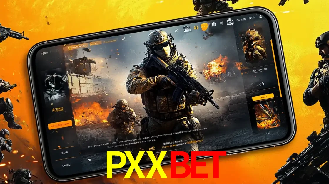 Um smartphone exibindo a interface de um jogo de tiro em primeira pessoa, com um soldado em um cenário de batalha, representando a ação dos e-sports para apostar no PXXBET.