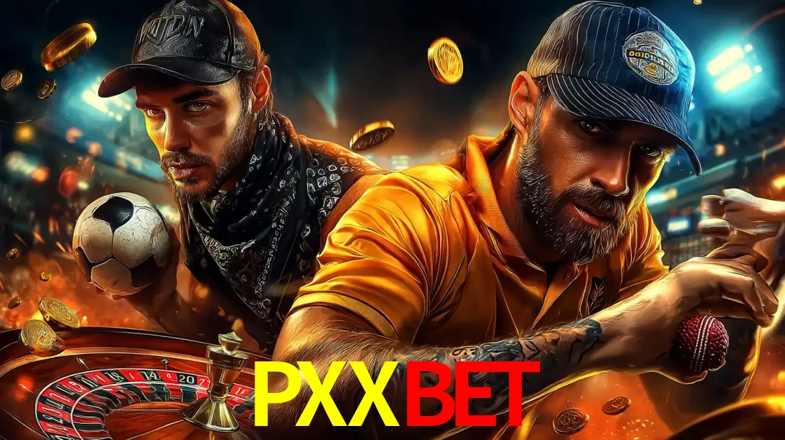 Montagem de apostas esportivas e cassino no PXXBET, com um homem segurando uma bola de futebol e outro uma de beisebol sobre uma roleta e moedas voadoras.