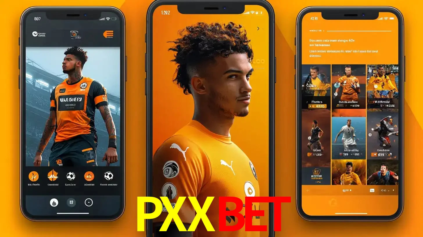 Interface do aplicativo de apostas esportivas PXXBET em três telas de celular, mostrando o perfil de um jogador de futebol e a lista de jogos disponíveis para apostar.