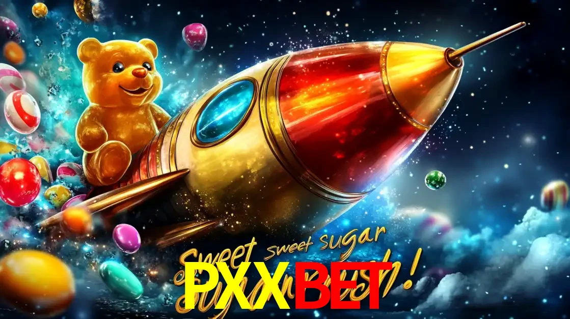 Arte promocional do jogo de slot Sugar Rush, com um urso de pelúcia em um foguete viajando pelo espaço de doces, um dos jogos divertidos disponíveis no cassino PXXBET.