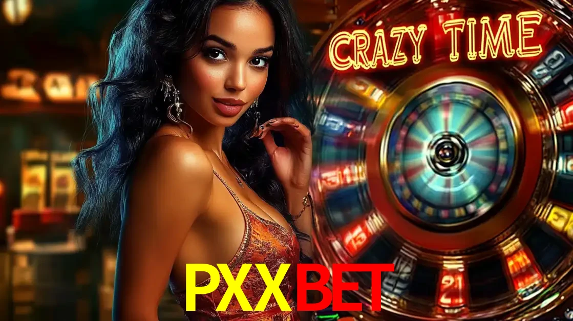 Mulher elegante ao lado da vibrante roda da fortuna do jogo de cassino ao vivo Crazy Time, um dos game shows mais populares e cheios de prêmios do PXXBET.
