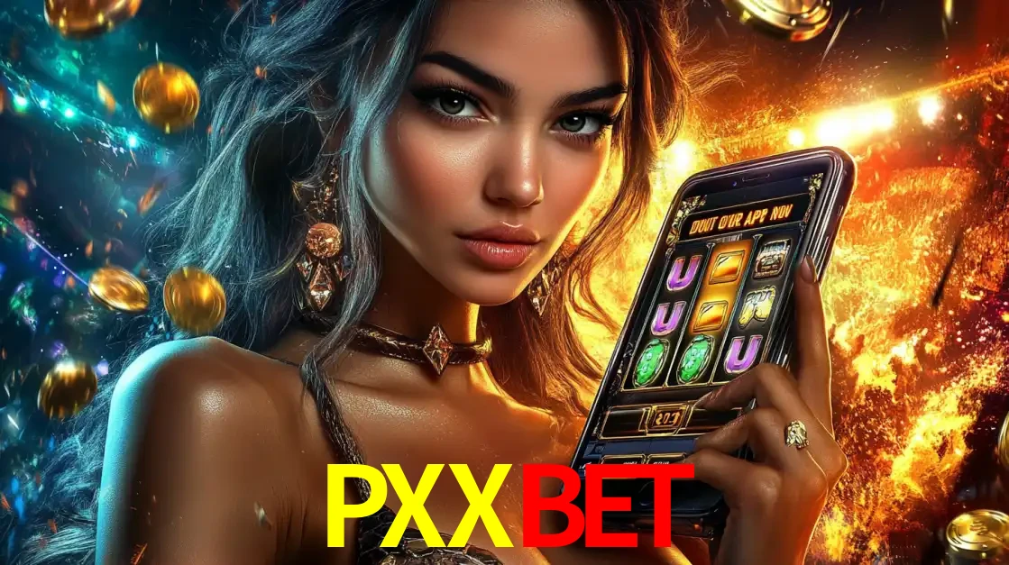 Mulher elegante mostrando um jogo de caça-níqueis em seu smartphone, destacando a experiência de cassino móvel oferecida pelo aplicativo PXXBET.