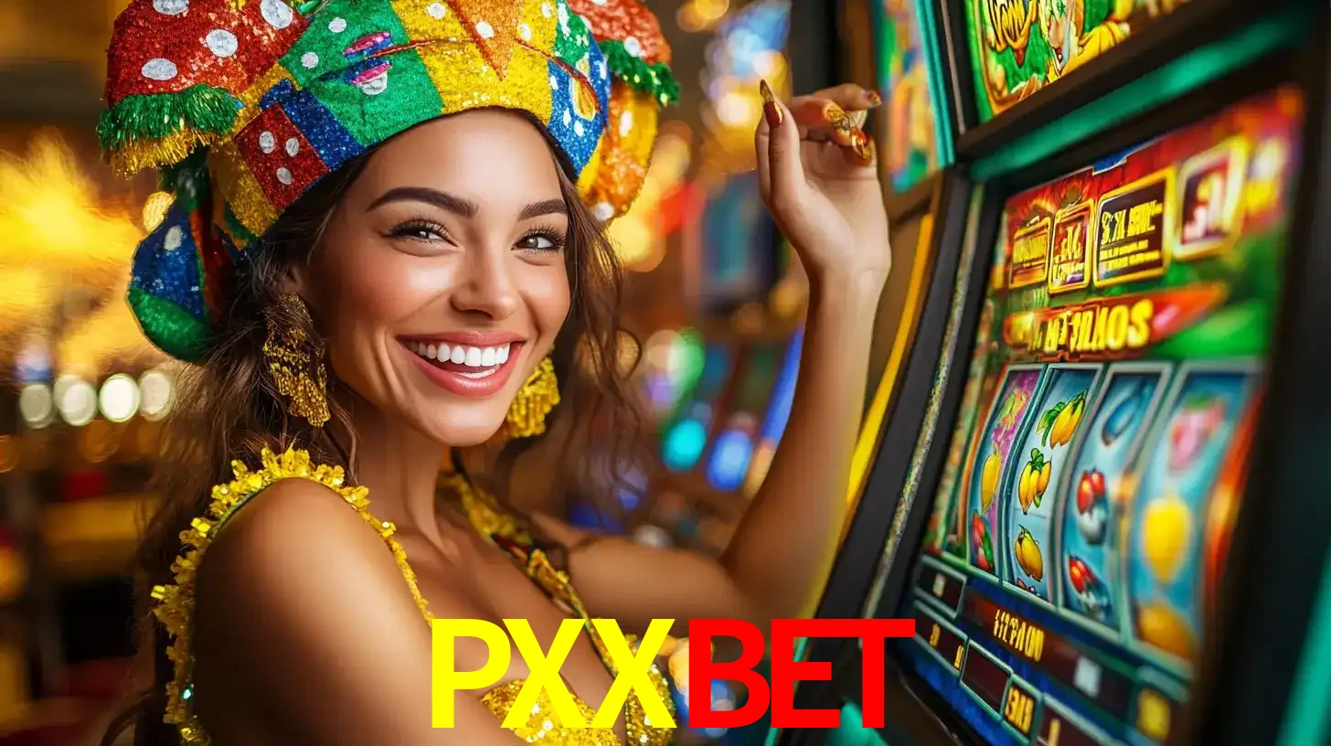 Mulher feliz com traje de carnaval amarelo e colorido ao lado de uma máquina de caça-níqueis, aproveitando a diversão e os jogos temáticos do cassino PXXBET.