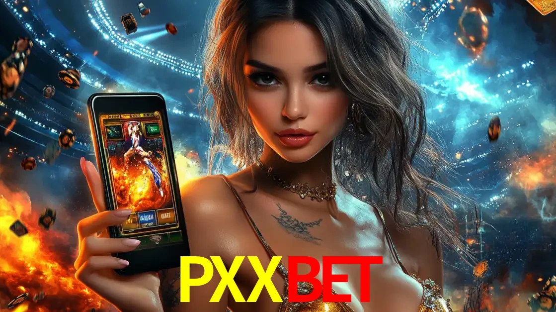 Mulher segurando um celular com um jogo de slot em destaque, tendo como fundo um estádio vibrante, simbolizando a emoção de jogar no cassino móvel PXXBET.