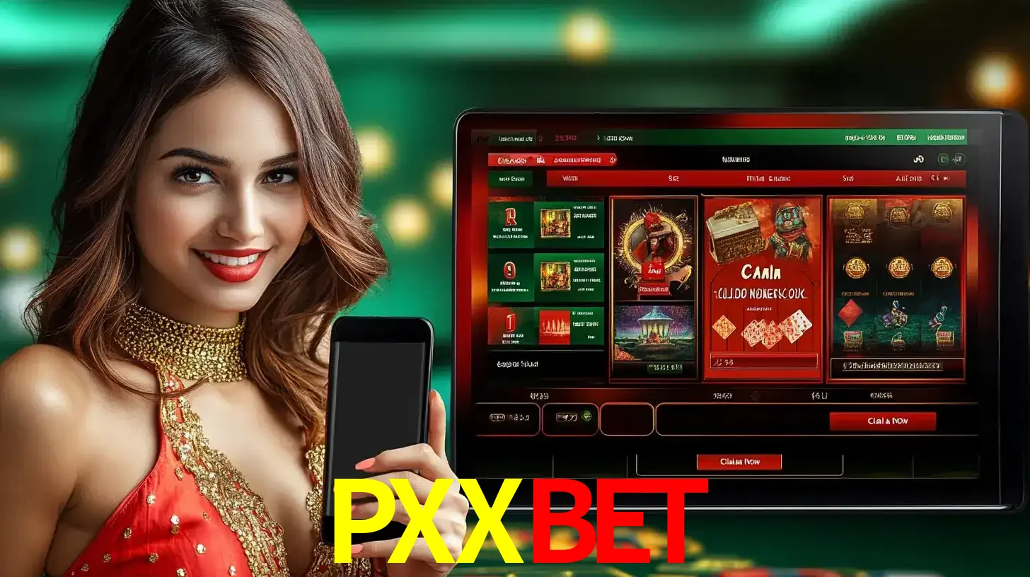 Mulher sorridente segurando um smartphone, ao lado de uma tela exibindo o lobby de jogos do cassino online PXXBET, com várias opções de jogos de cartas e slots.